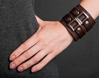 Double leather bracelet, Brown wide wristband, Casual leather unisex ...