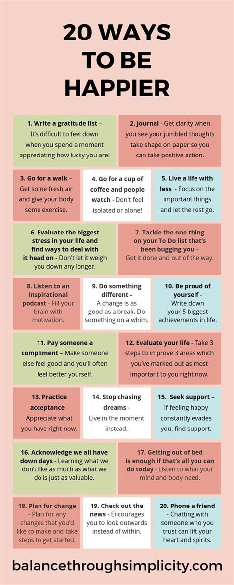 20 Ways to Be Happier | Ways to be happier, Self improvement tips, Positive self affirmations