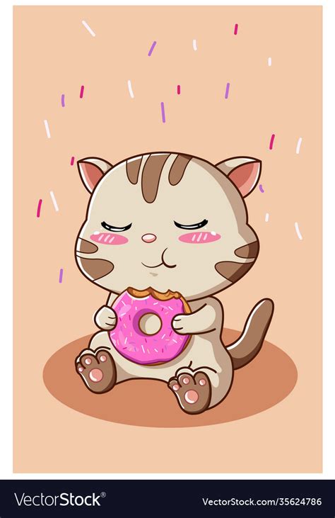 A little cute cat eating donuts Royalty Free Vector Image