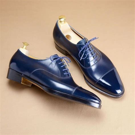 Handmade Leather Oxford Navy Blue Colour Cap Toe Formal Dress Shoes For Men's - Dress/Formal ...