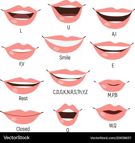 Female mouth animation phoneme chart Royalty Free Vector