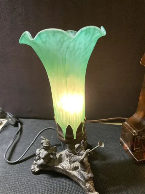 VINTAGE TIFFANY STYLE Art Deco Glass Lily Tulip Fluted Lamp Cherubs 9” $49.95 - PicClick