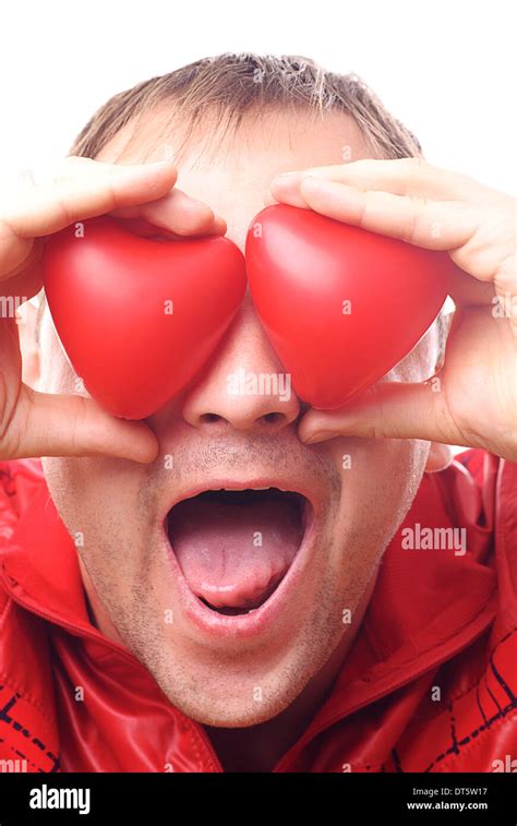 Man with red heart-shapes instead of eyes isolated on white. Concept ...