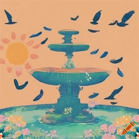 Balboa park fountain with flowers, birds, and sun in anime aesthetic on Craiyon