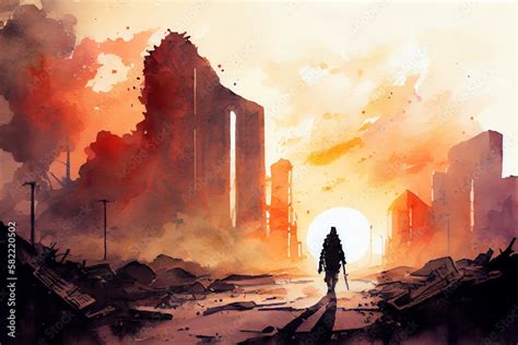 Watercolor Illustration of a Post Apocalypse In Destroyed City ...