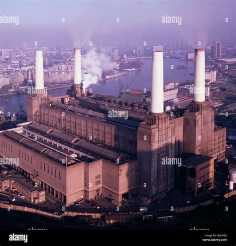 aerial photograph of the smoking chimneys of Battersea Power Station ...