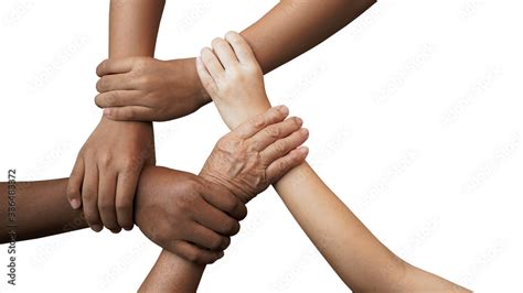 Human join hands together isolated on white background, collaboration ...