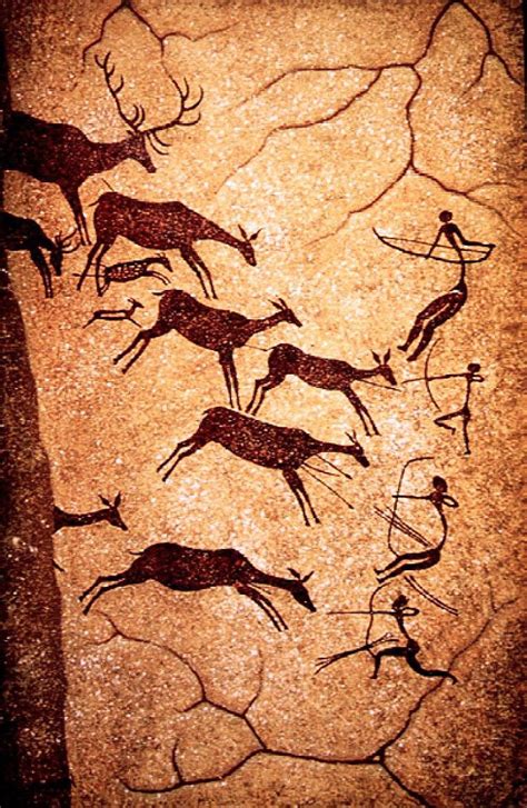 Prehistoric cave painting of a deer herd and hunters, Paleolithic 15-13MBC, Lascaux Caves in ...