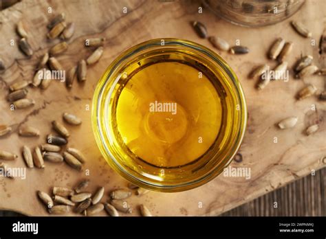 Milk thistle oil in a glass bowl on a table, with Carduus marianus seeds, top view Stock Photo ...