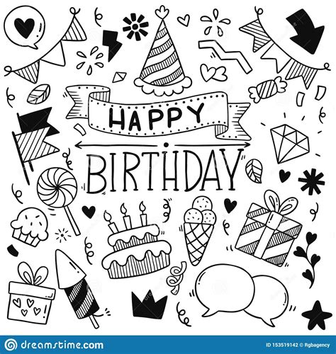 06-19-001 Hand Drawn Party Doodle Happy Birthday Ornaments Background Pattern Vector ...