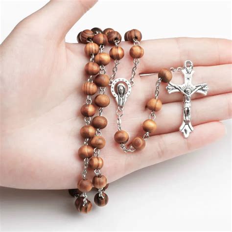 2018 Catholic Cross Necklace religious Wooden Beads Rosary Necklace Women man Long Strand ...