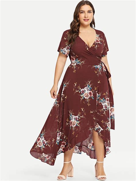 SHEIN Plus Asymmetric Ruffle Hem Botanical Wrap Dress | Plus size maxi ...