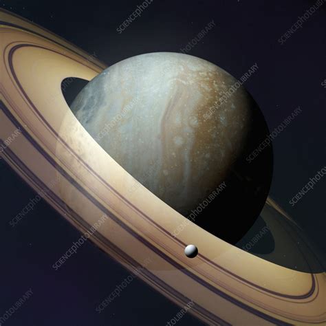 Exoplanet with rings and small moon, composite image - Stock Image ...