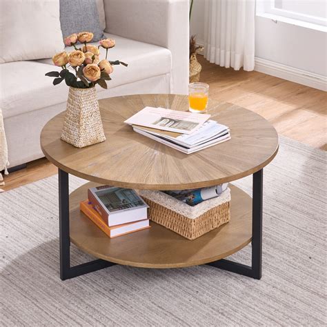35.3" Round Coffee Table with 2-Tier Storage, Farmhouse Living Room Cocktail Table with Black ...