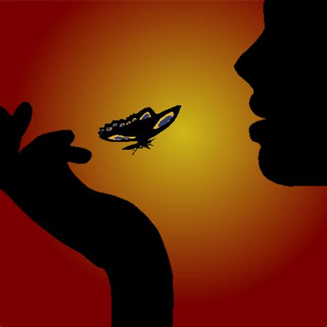 a silhouette of a person holding a butterfly in front of the sun with their hand