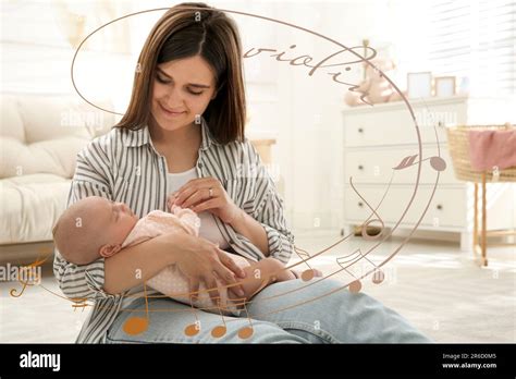 Mother singing lullaby to her baby at home. Music notes illustrations flying around woman and ...