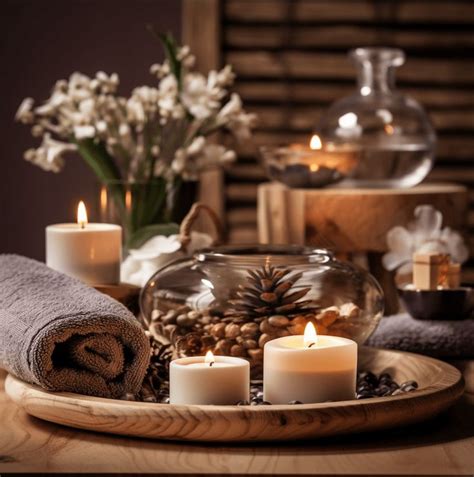 candles and towels on a tray with flowers