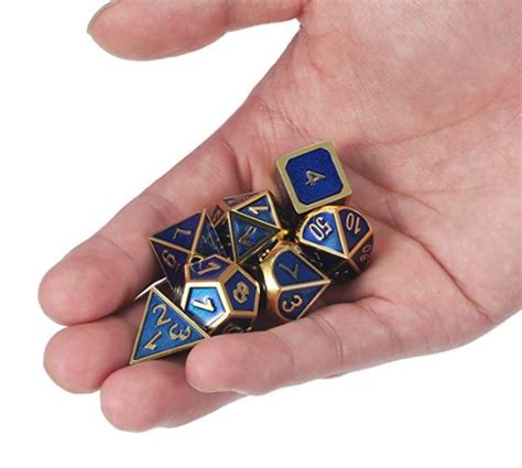 Set of 7 Metal Dice Shiny Gold with Blue Enamel Paint Polyhedral Dice for Dungeons and Dragons D ...