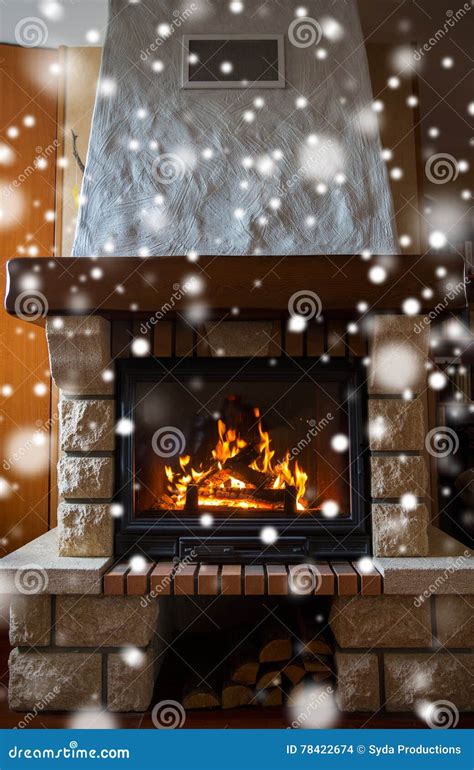 Close Up of Burning Fireplace with Snow Stock Photo - Image of firewood, living: 78422674