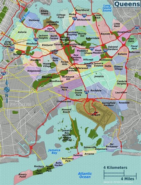 a map of queens, new york and the surrounding area that is highlighted in red