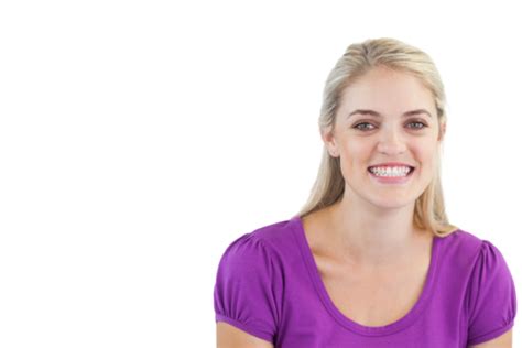 Blonde Woman With A Cheerful Smile Gazing At The Camera While Two Women Stand, White Background ...