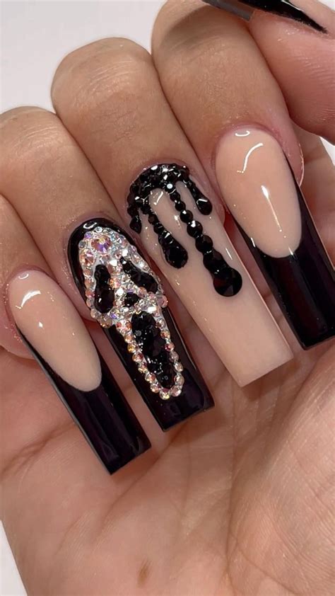 Glam Ghostface SCREAM nails using all Swarovski crystals! New nail trend🔥 | Long square acrylic ...