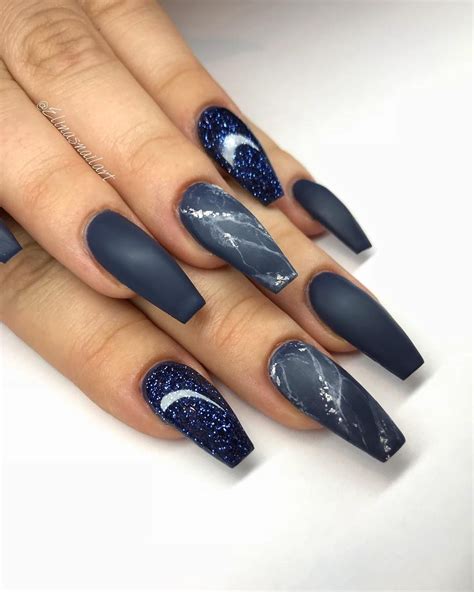 Matte Blue And Black Acrylic Coffin Nails - Tips Color Short Acrylic Nails