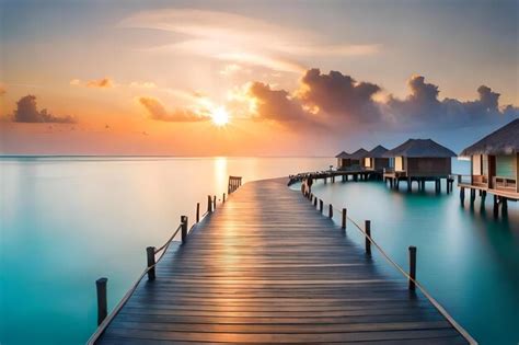 Premium Photo | A wooden pier with houses on the water and a sunset