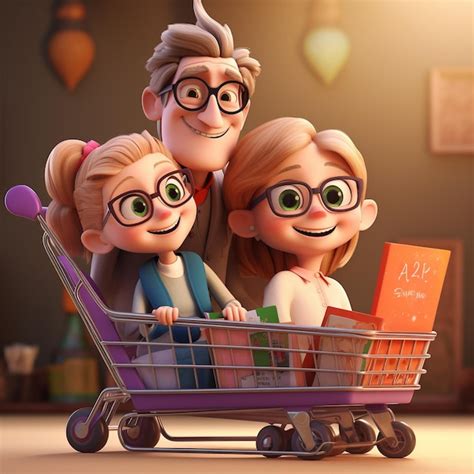 Premium AI Image | Cartoon family shopping cart 3D