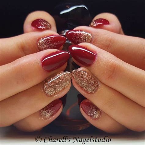 Dark Red with Rosé Gold Glitter Nails Rose Gold Nails Glitter, Red And ...