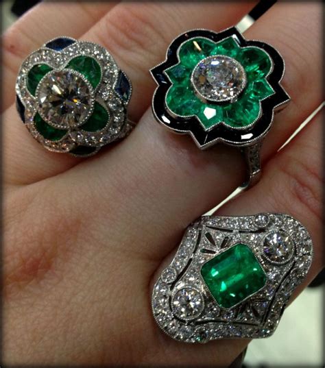 Three glorious emerald and diamond Art Deco rings. - Rose Retreat