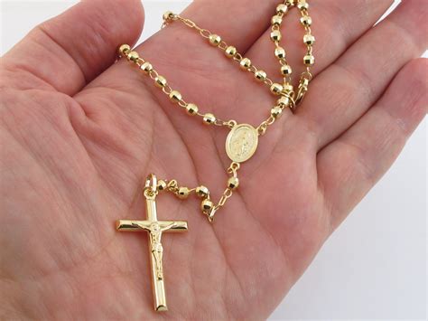 14k Yellow Gold Rosary Beads Necklace Virgin Mary Jesus Cross | Etsy