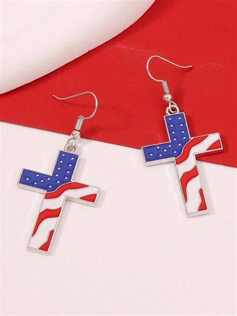 1pair American Flag Cross Dangle Alloy Earrings, Red, White & Blue Striped Trendy Drop Earrings ...