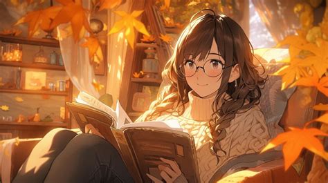 Premium AI Image | anime girl reading a book in a cozy room with fall leaves generative ai