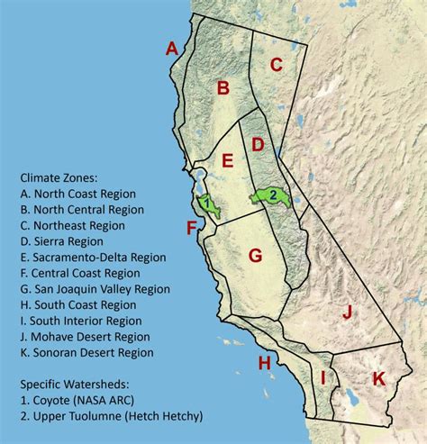 Climate regions of California and specific watersheds of study ...