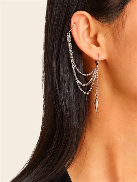 Spike Detail Chain Earring With Ear Cuff 1pc | Ear cuff, Orecchio, Orecchini a catena