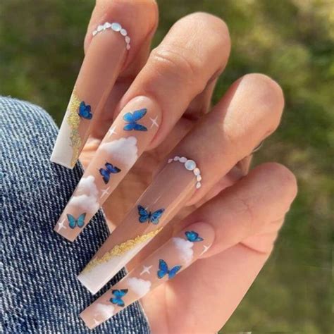 24 Pcs Butterfly Printed Fake Nails With Faux Diamonds Decals Gel Nail ...