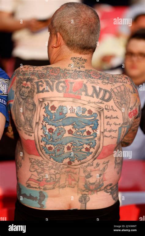 An England fan displays his tattoos before the Alzheimer's Society international match at ...