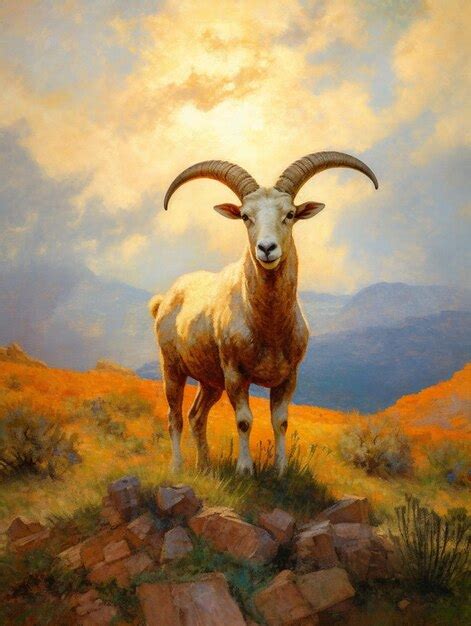 Premium AI Image | A painting of a mountain goat with horns stands in a ...