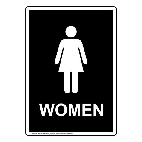 Portrait Black Women Restroom Sign With Symbol RREP-7000-White_on_Black