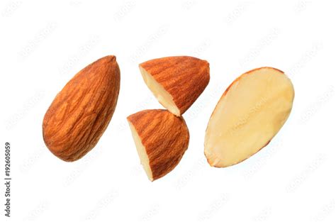 Isolated almond nut, top view closeup photo of full seed with half cross cut seed of almond nut ...