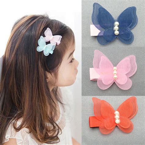 Kids Hair Clips Hair Pin Chiffon Pearl 3D Butterfly Princess Headwear ...