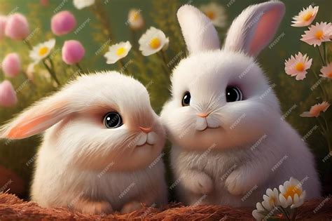 Premium Photo | Two fluffy bunny on spring background two cute cartoon white rabbit on floral ...