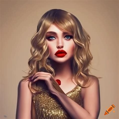 Tall woman with blond curly hair, red lipstick, and golden dress on Craiyon
