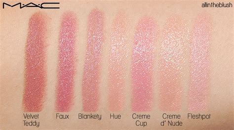 MAC Nude Lipstick Swatches & Review. Velvet Teddy, Faux, Blankety, Hue, Creme Cup, Creme d' Nude ...