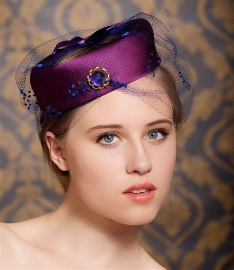 Purple Plum Wedding Cocktail Hat Birdcage Veil Bridal Head Piece 1940 Vintage Bridesmaid ...