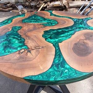 Round Dining Table, Live Edge Table, Custom 40 Diameter Round Walnut Wood Metallic Emerald Green ...