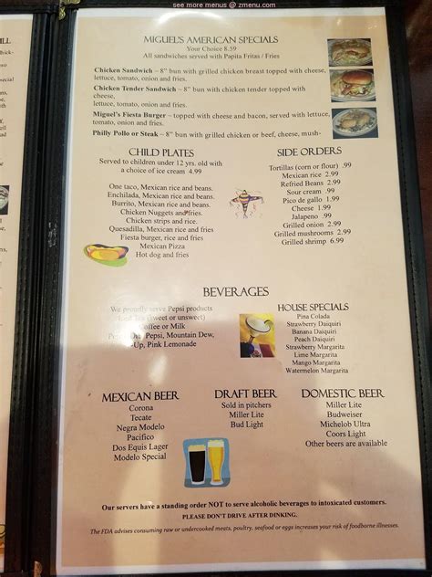 Menu at Miguel's Mexican Restaurant, Brandenburg