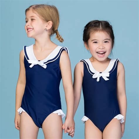 USEEMALL Children Swimming Clothes Navy Blue Girls Swimwear One Piece Swimsuit with Hat Kids ...