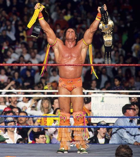 Ultimate Warrior celebrating his WWE Championship win over Hulk Hogan - WrestleMania VI ...